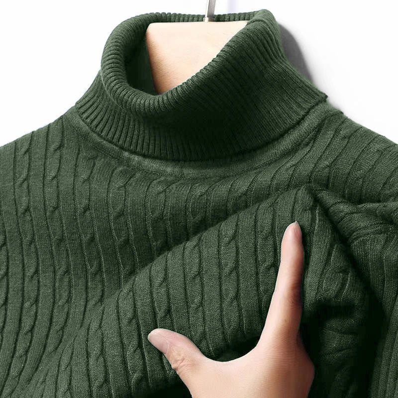 Autumn Men's Ribbed Turtleneck Sweater Warm Fitted Knitted Pullover Sweatesr Jacquard Striped Casual Long Sleeves Basic Top