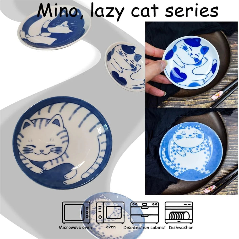 1/4pcs Ceramic Dessert Sauce Dish Tableware Japanese Style Creative Cartoon Lucky Cat Pattern Shape Fruit Sushi Plates