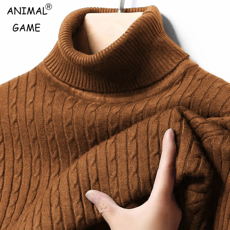 Autumn Men's Ribbed Turtleneck Sweater Warm Fitted Knitted Pullover Sweatesr Jacquard Striped Casual Long Sleeves Basic Top