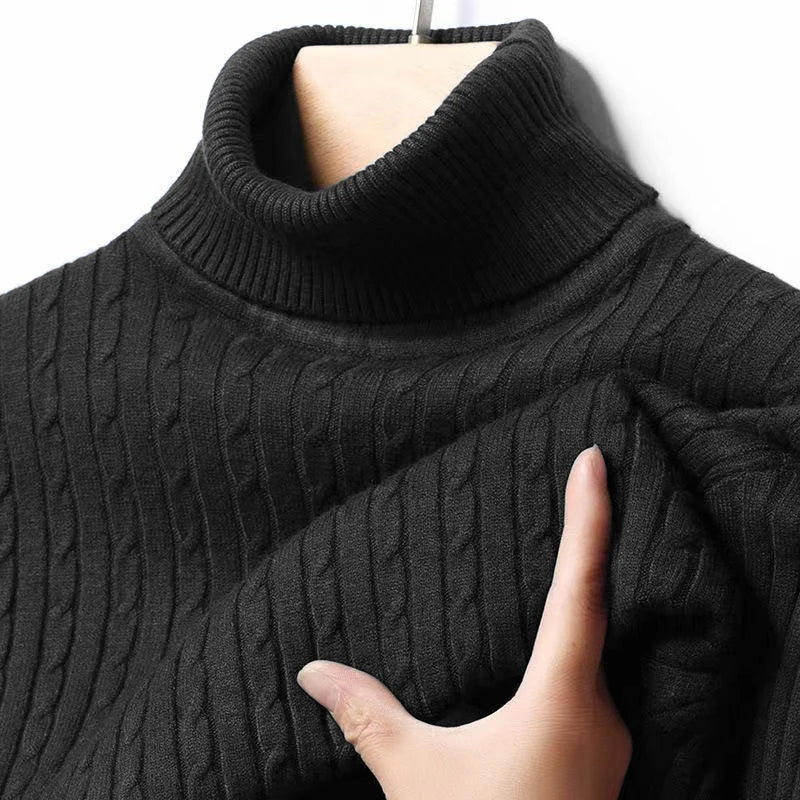 Autumn Men's Ribbed Turtleneck Sweater Warm Fitted Knitted Pullover Sweatesr Jacquard Striped Casual Long Sleeves Basic Top